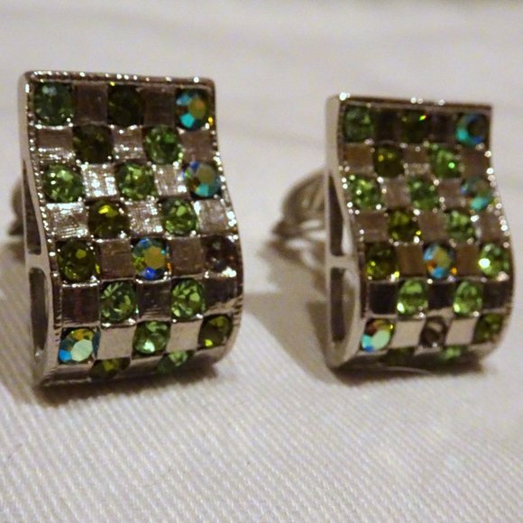 Neiman Marcus Crystal Aurora Borealis Crystal Rhinestones Damier Clip Earrings - Picture 3 of 7